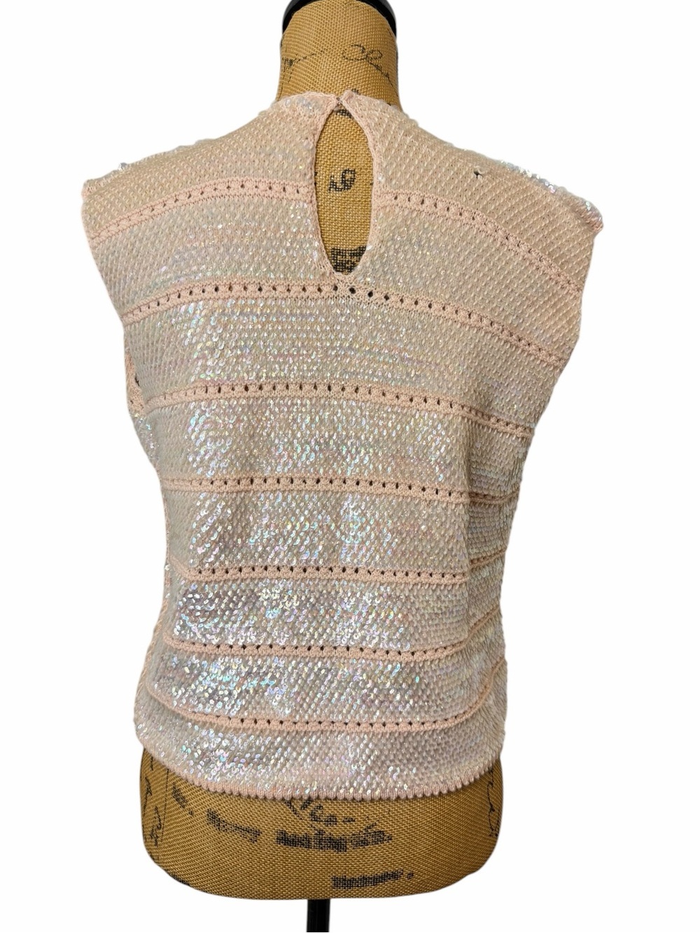 Authentic Vintage 60s 70s Iridescent Sequin Knit Cap Sleeve Top - Picture 4 of 5